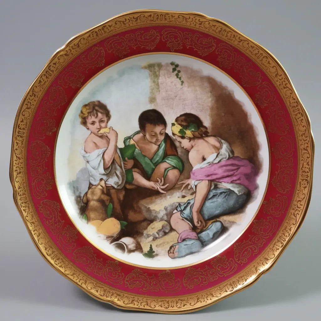 Antique Limoges Porcelain Plate — W.G. & Co. | Murillo's "Three Children Playing Dice" | Red Ground, Gold Trim, 10" W.G. & Co. Limoges
