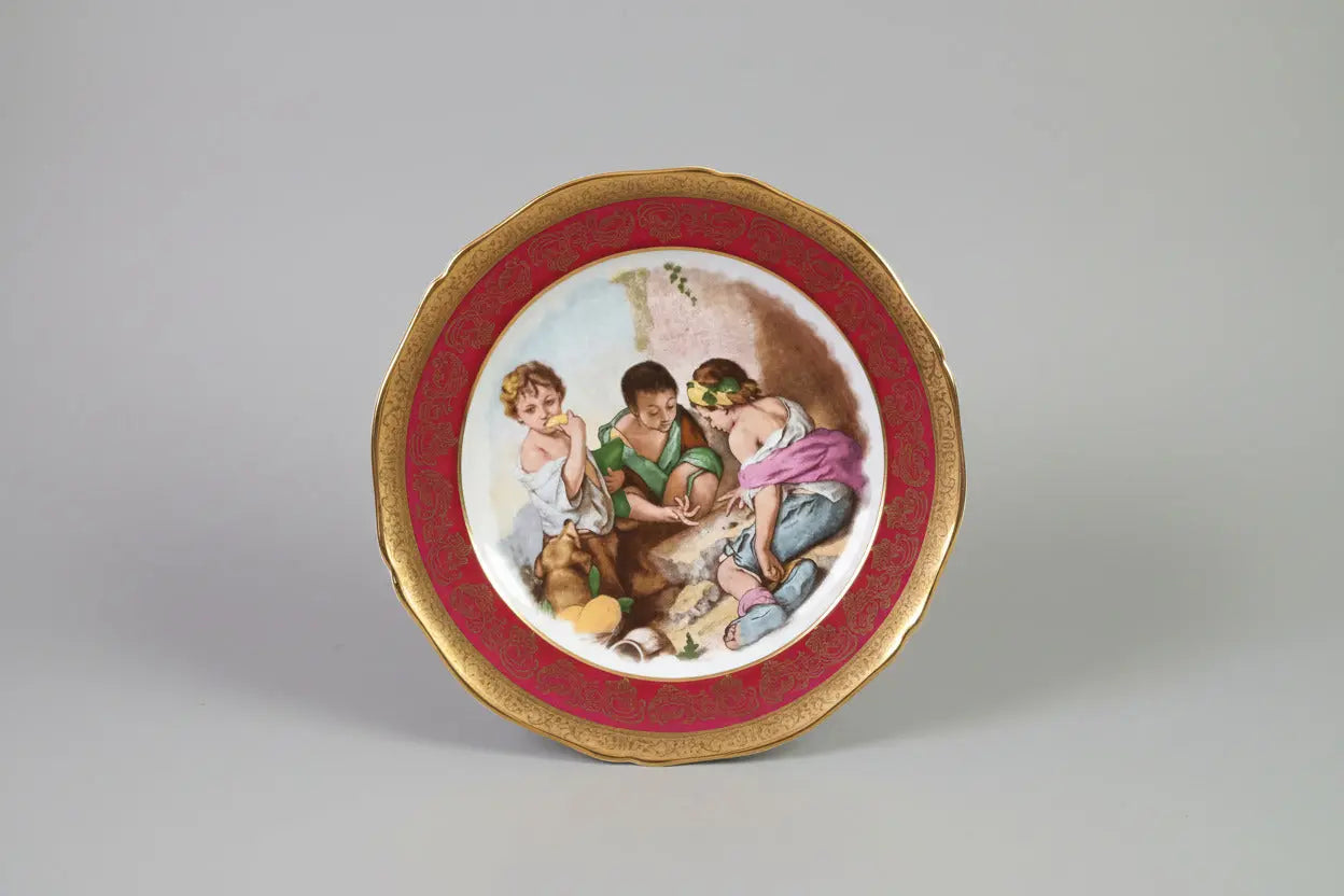 Antique Limoges Porcelain Plate — W.G. & Co. | Murillo's "Three Children Playing Dice" | Red Ground, Gold Trim, 10" W.G. & Co. Limoges