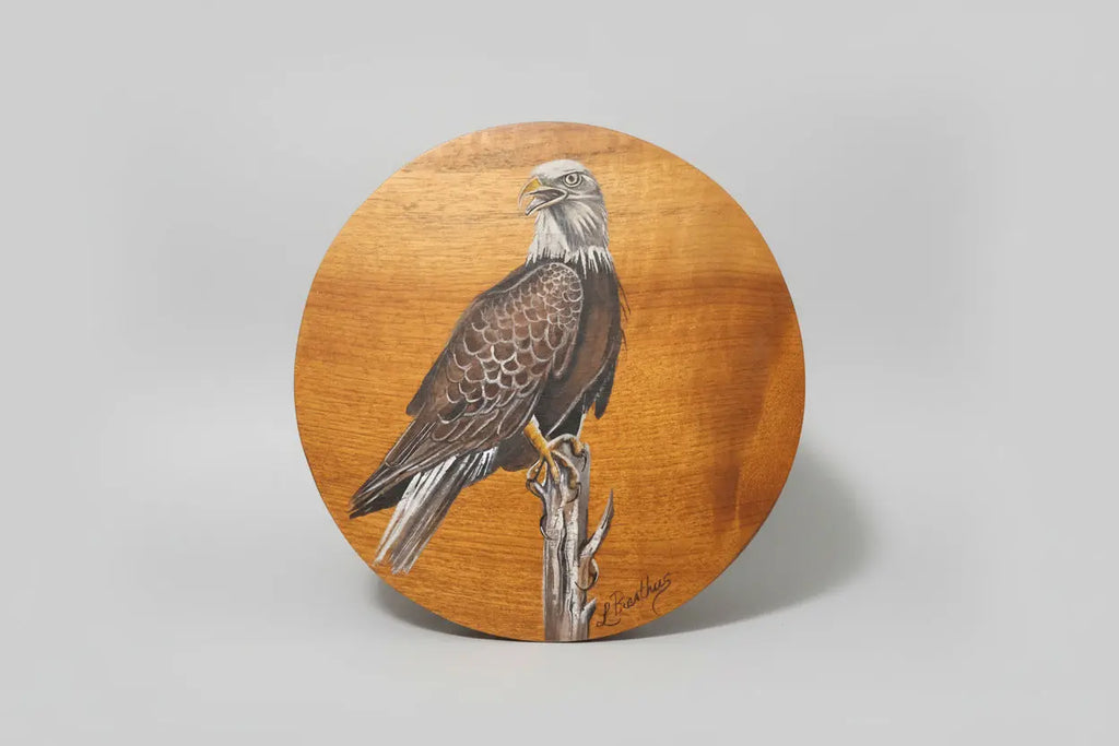 Lori Presthaus Hand-Painted Myrtlewood Bald Eagle Plaque – Pacific Northwest Vintage Art Lori Presthaus