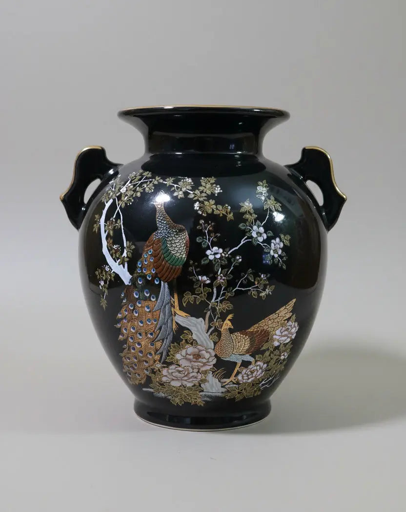 Vintage Bijutsu Toki Japanese Porcelain Vase — Peacock & Peony, Black Ground, 1960s Bijutsu Toki