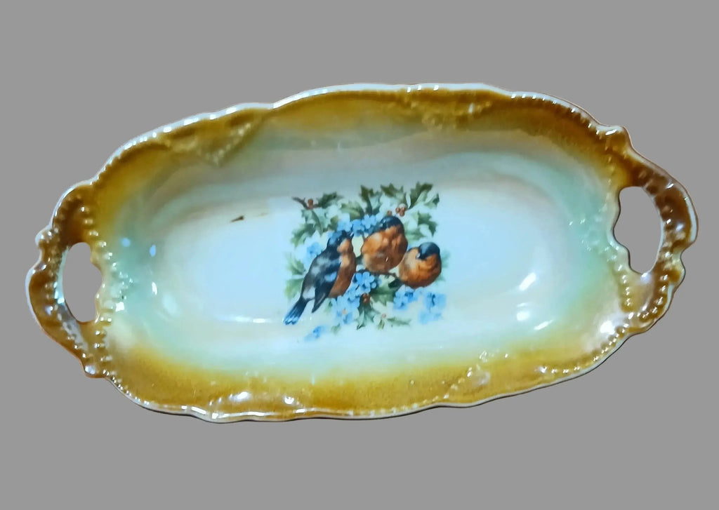 Antique German Butterscotch Lusterware Relish Dish – Hand-Painted Robins, c. Early 1900s Vintage Craze