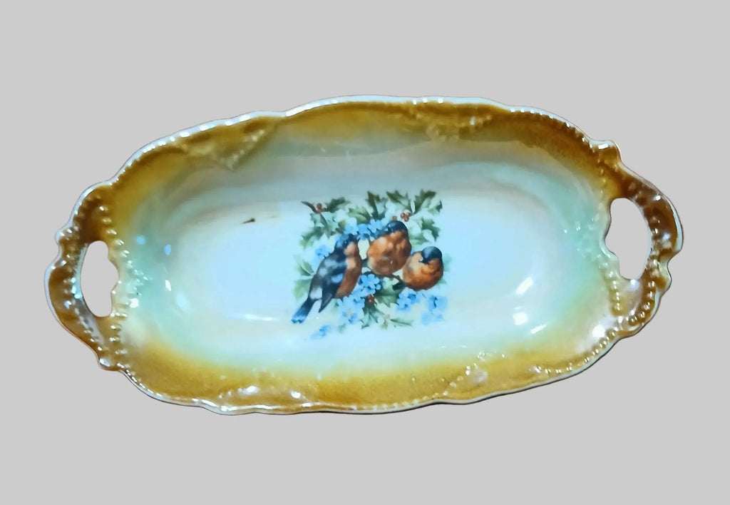 Antique German Butterscotch Lusterware Relish Dish – Hand-Painted Robins, c. Early 1900s Vintage Craze