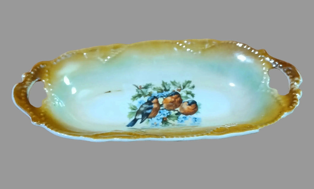 Antique German Butterscotch Lusterware Relish Dish – Hand-Painted Robins, c. Early 1900s Vintage Craze