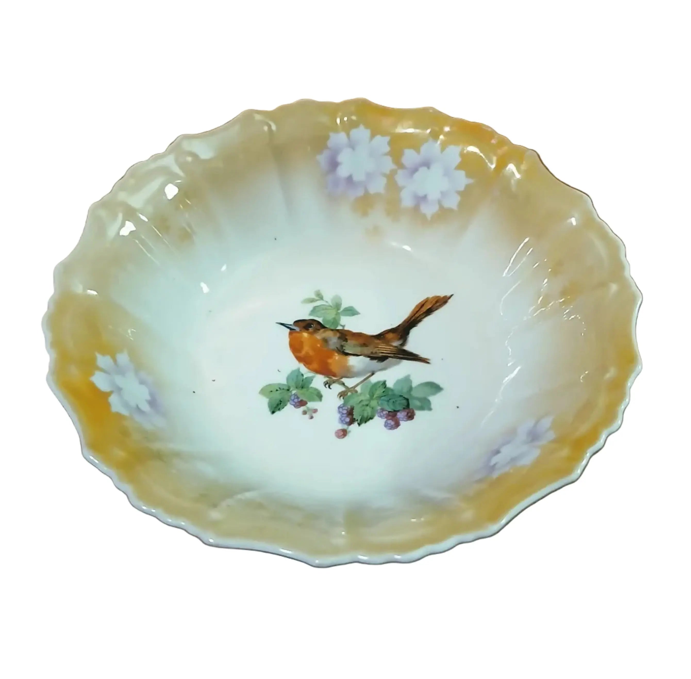 Antique Silesia Porcelain Lusterware Bowl – Kino Steinmann, Hand-Painted Robin, c. 1915–1928 Kino Steinmann