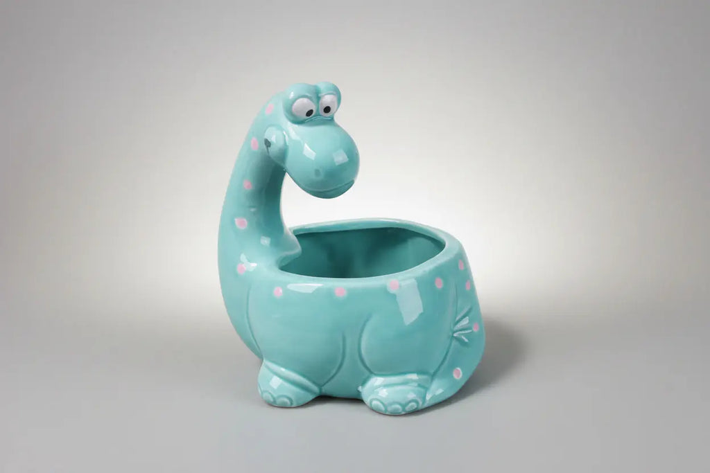 Vintage Brontosaurus Ceramic Planter – Blue-Green & Pink Polka Dots, 1970s–1980s Taiwan Taiwan