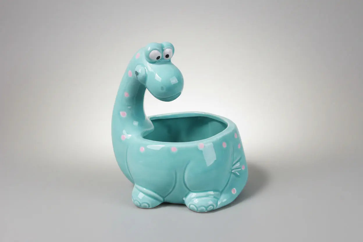 Vintage Brontosaurus Ceramic Planter – Blue-Green & Pink Polka Dots, 1970s–1980s Taiwan Taiwan