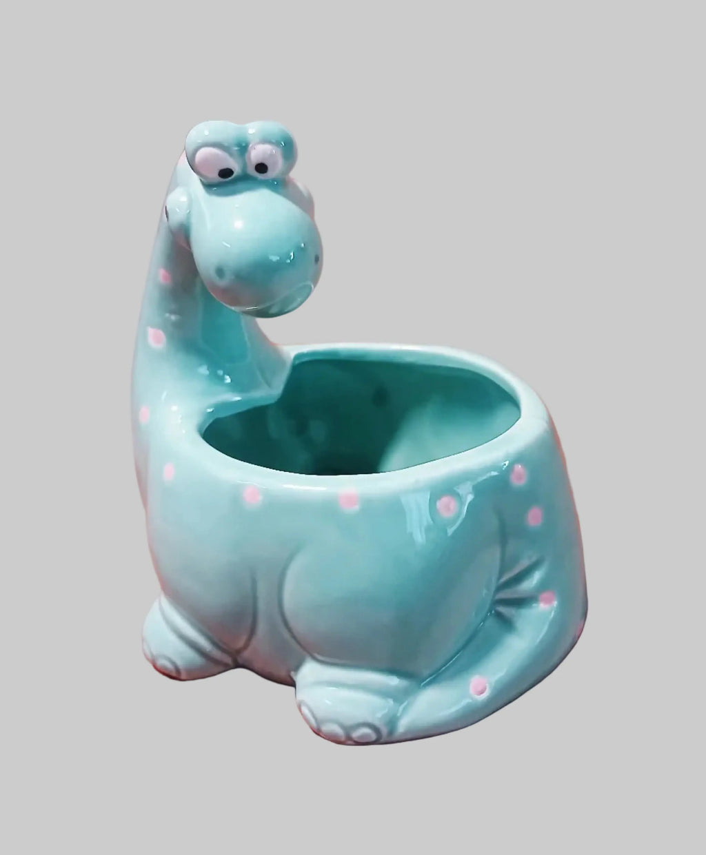 Vintage Brontosaurus Ceramic Planter – Blue-Green & Pink Polka Dots, 1970s–1980s Taiwan Taiwan