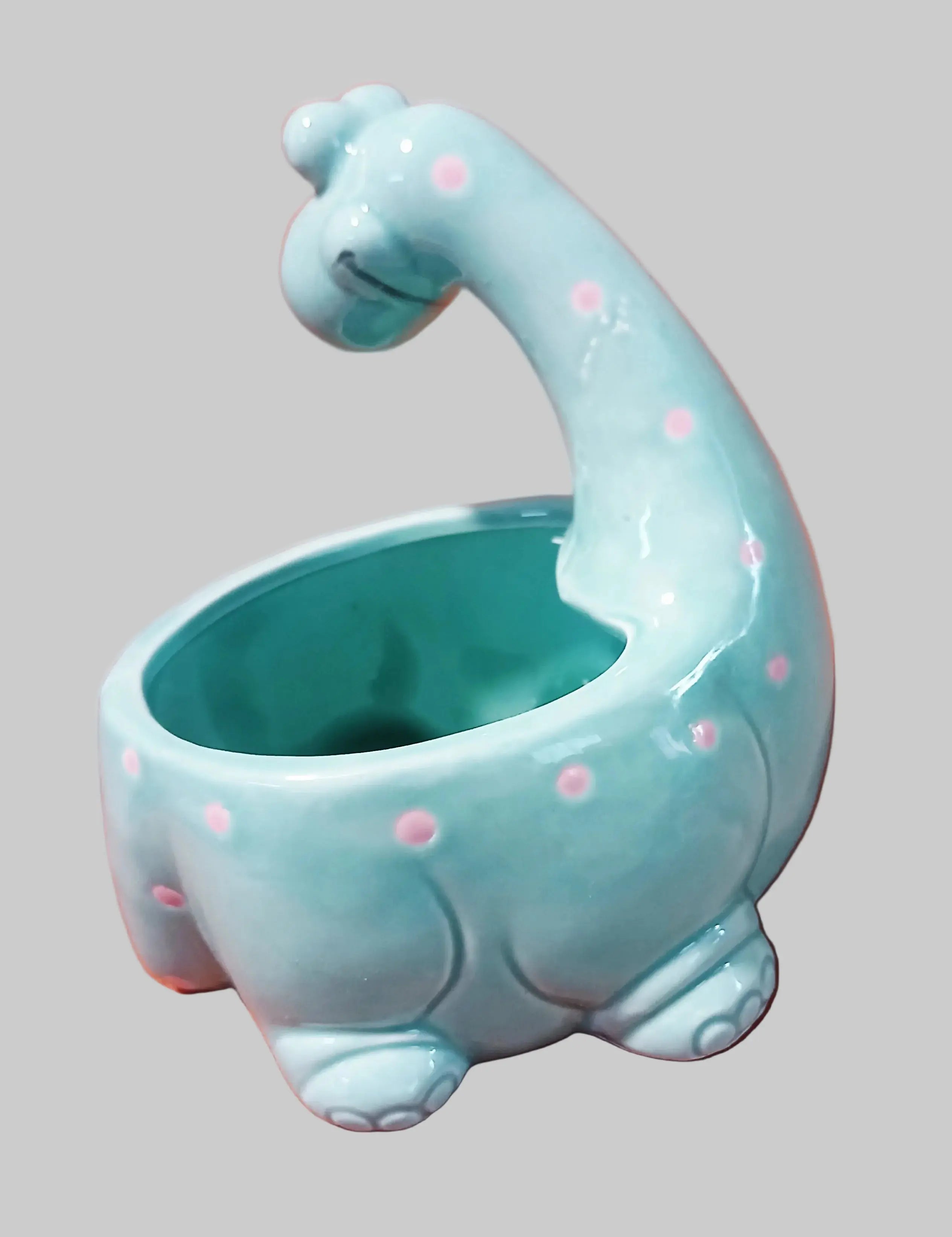 Vintage Brontosaurus Ceramic Planter – Blue-Green & Pink Polka Dots, 1970s–1980s Taiwan Taiwan