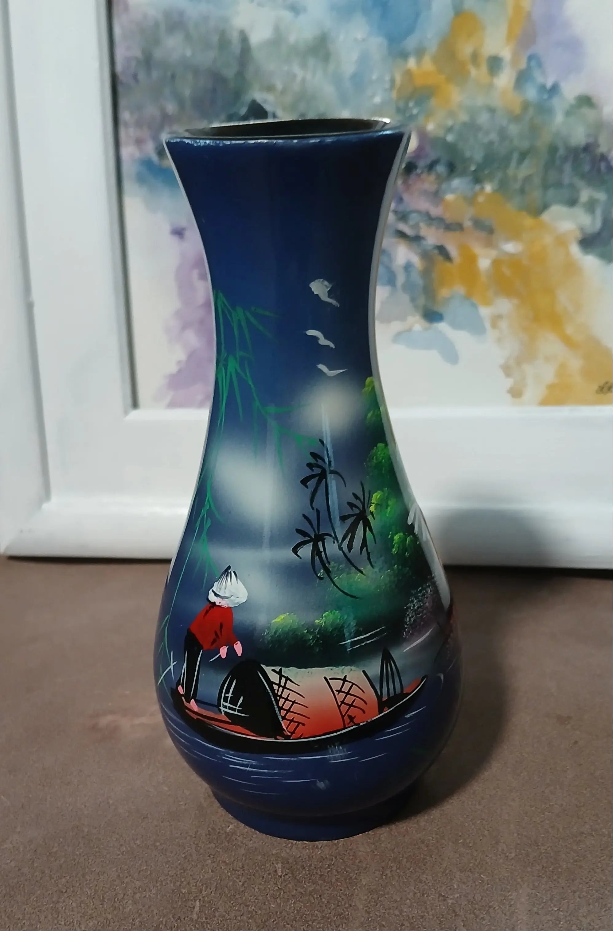 Vintage Vietnamese Lacquerware Bud Vase — Hand-Painted Landscape, 6≈3" Vietnamese Lacquerware