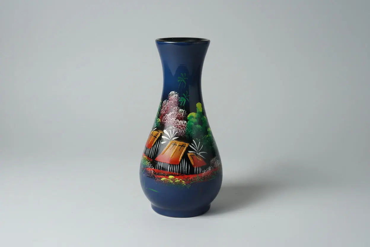 Vintage Vietnamese Lacquerware Bud Vase — Hand-Painted Landscape, 6≈3" Vietnamese Lacquerware