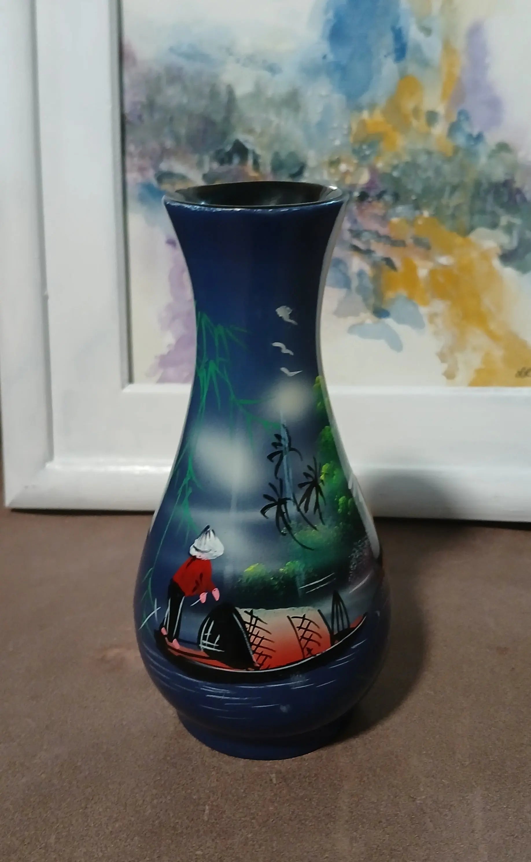 Vintage Vietnamese Lacquerware Bud Vase — Hand-Painted Landscape, 6≈3" Vietnamese Lacquerware