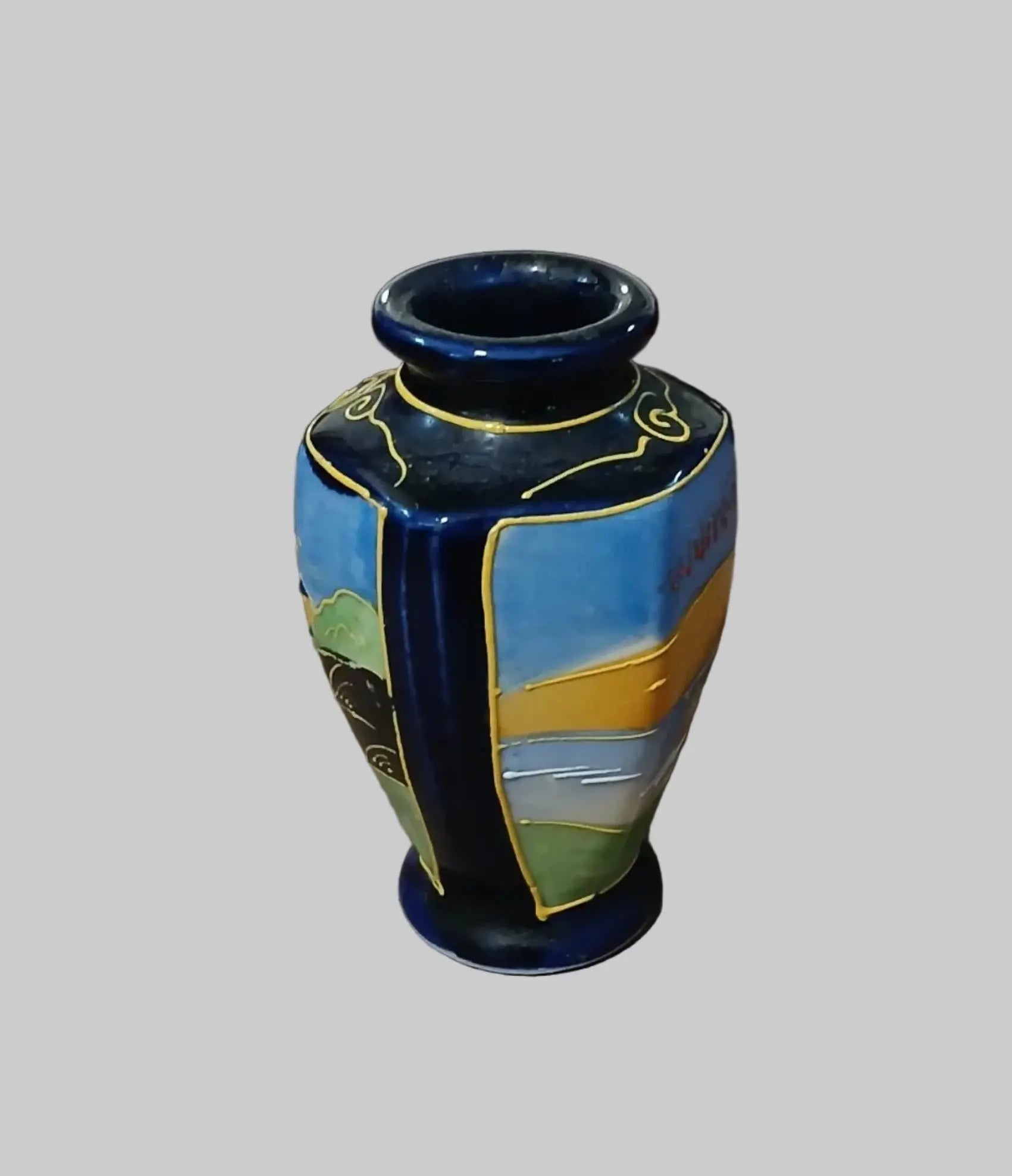 Miniature Japanese Satsuma-Style Cobalt Blue Moriage Vase – Pagoda Scene, 1920s–1940s Japan