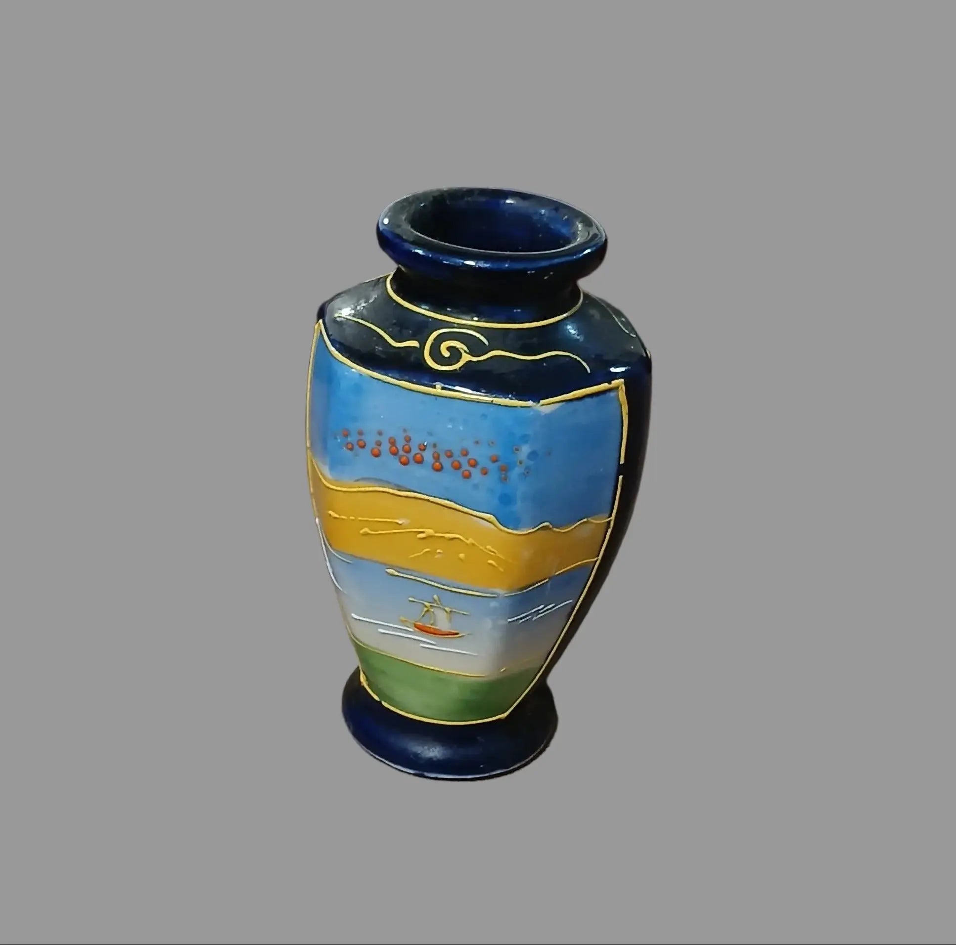 Miniature Japanese Satsuma-Style Cobalt Blue Moriage Vase – Pagoda Scene, 1920s–1940s Japan