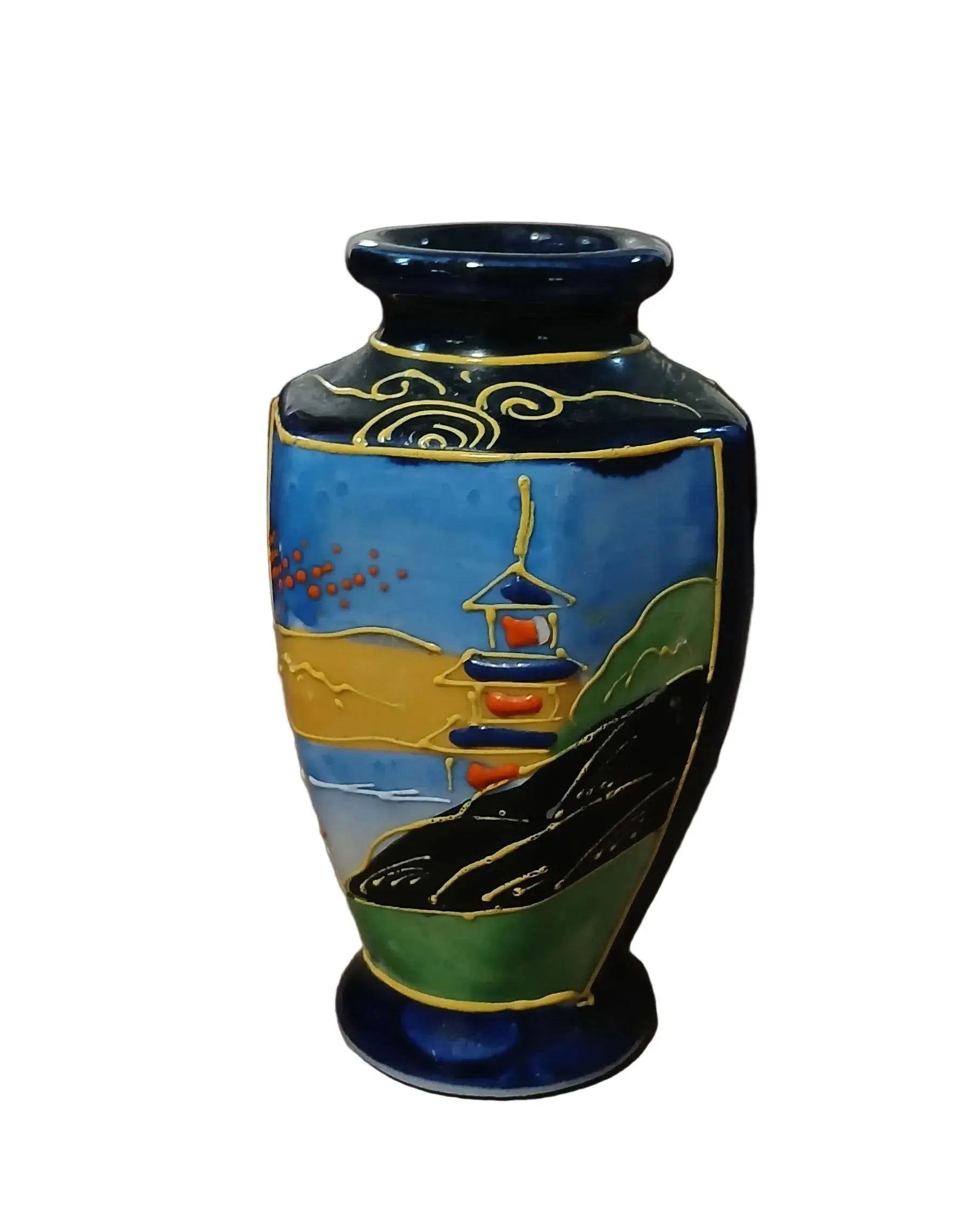 Miniature Japanese Satsuma-Style Cobalt Blue Moriage Vase – Pagoda Scene, 1920s–1940s Japan