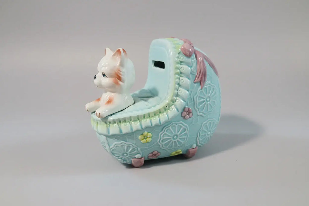Vintage 1960s “Kitty in a Pram” Ceramic Piggy Bank – Whimsical Retro Collectible Vintage Craze