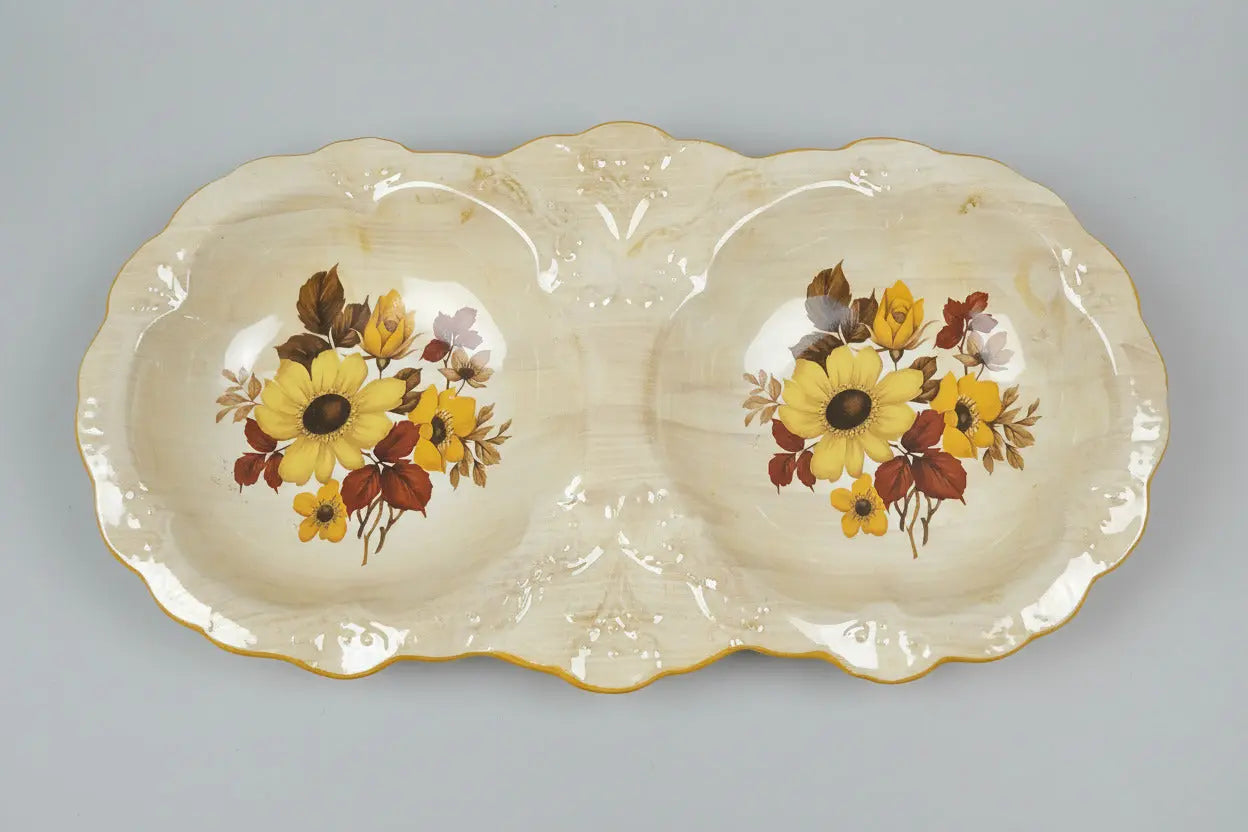 Old Foley James Kent Sunflower Two-Section Serving Dish – Staffordshire, 1950s Old Foley James Kent Ltd