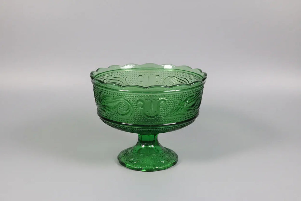 E.O. Brody Emerald Green Pedestal Compote – Swirl Pattern, 1950s–1960s Cleveland Glass E.O. Brody Company
