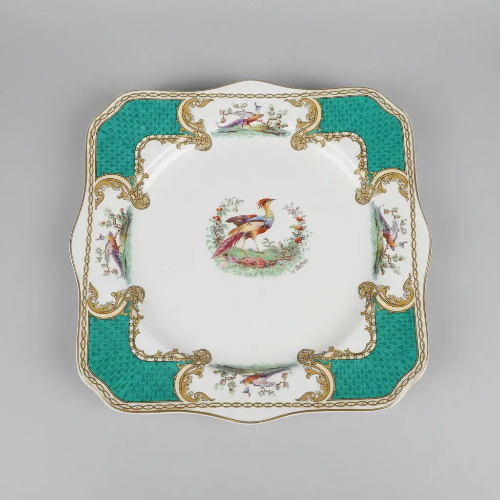 Vintage Myotts Royal Crown Chelsea Bird Plates (Pair) – A. Robert Signed, Staffordshire Gilt, c. 1930–1950 Myotts