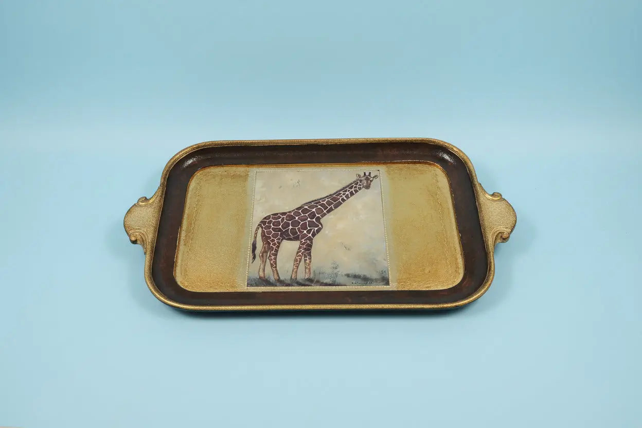 Vintage Italian Florentine Giraffe Tray by R. Churchill – 22K Gold, Scaglia, 1950s–1965 R. Churchill