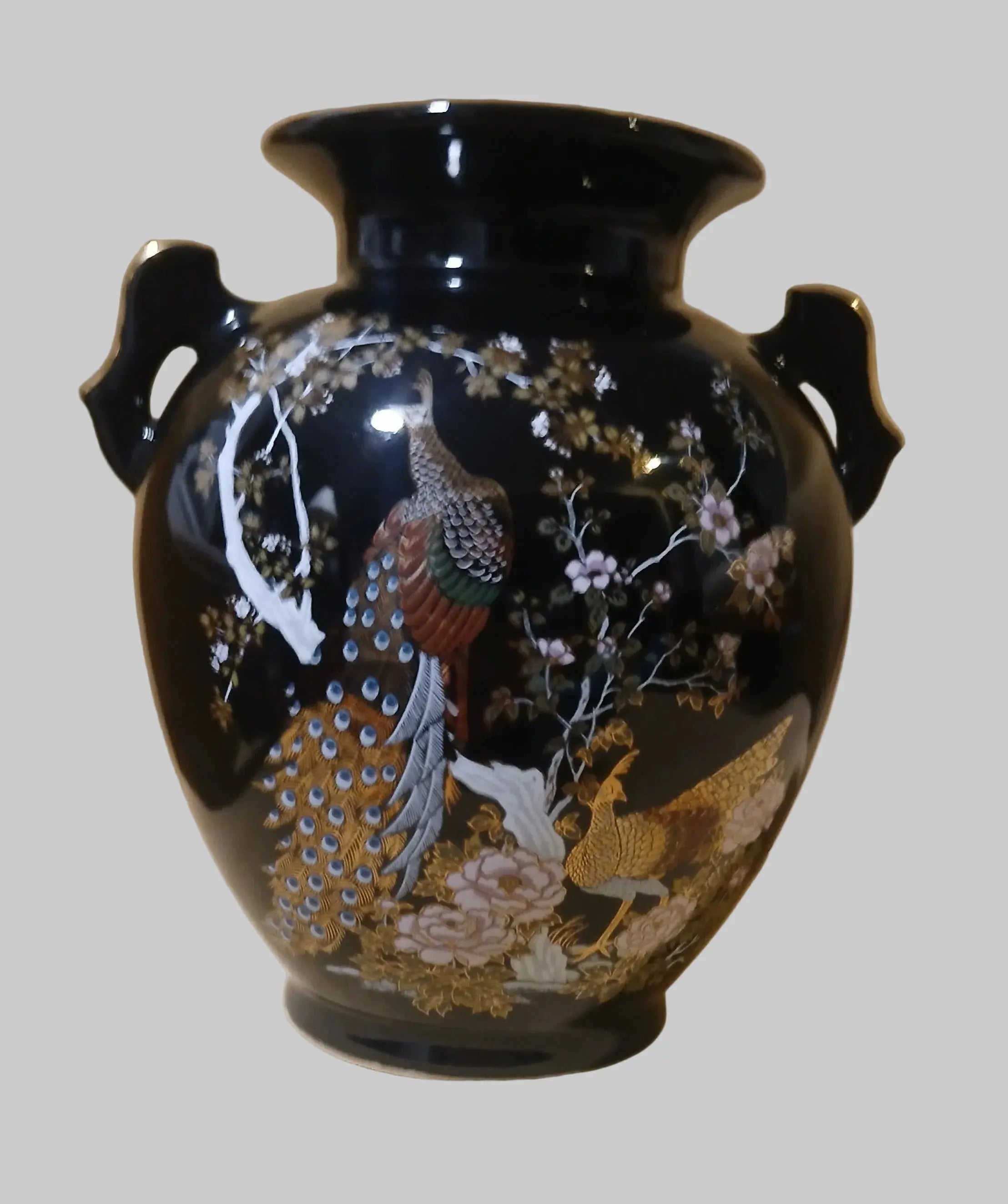 Vintage Bijutsu Toki Japanese Porcelain Vase — Peacock & Peony, Black Ground, 1960s Bijutsu Toki