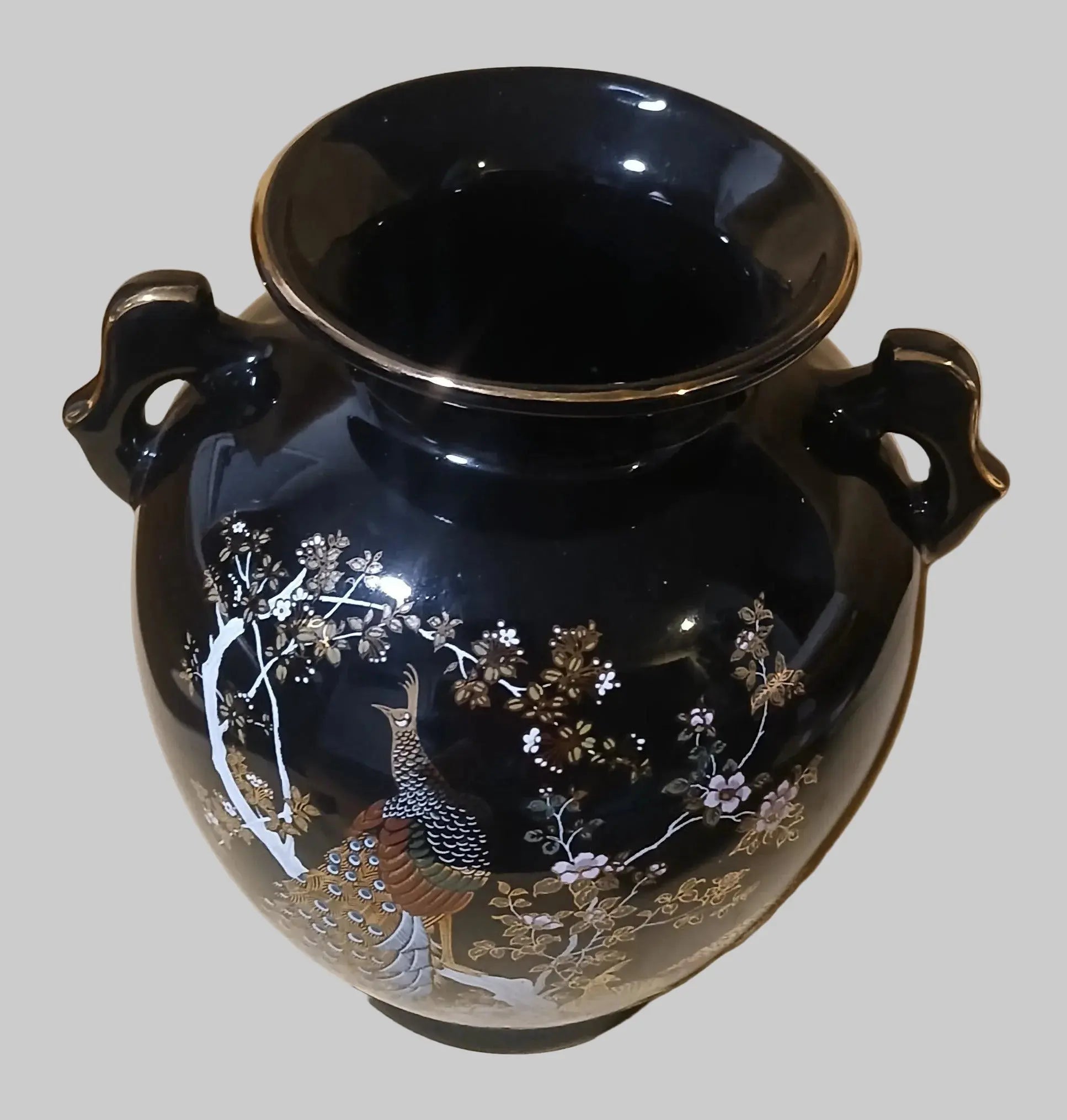 Vintage Bijutsu Toki Japanese Porcelain Vase — Peacock & Peony, Black Ground, 1960s Bijutsu Toki