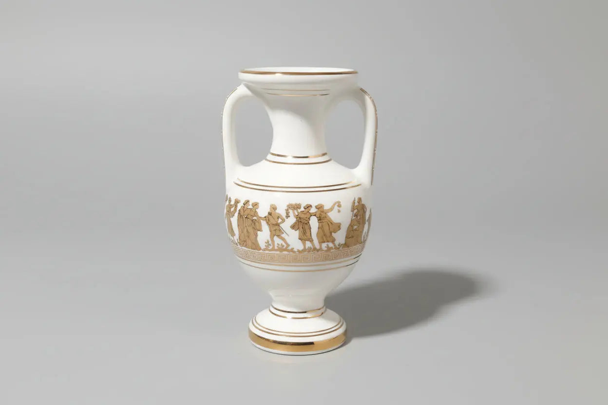 KE Keramos Greek Amphora Vase – Mythological Scenes & 24K Gold Accents, Mid-20th Century KE Keramos