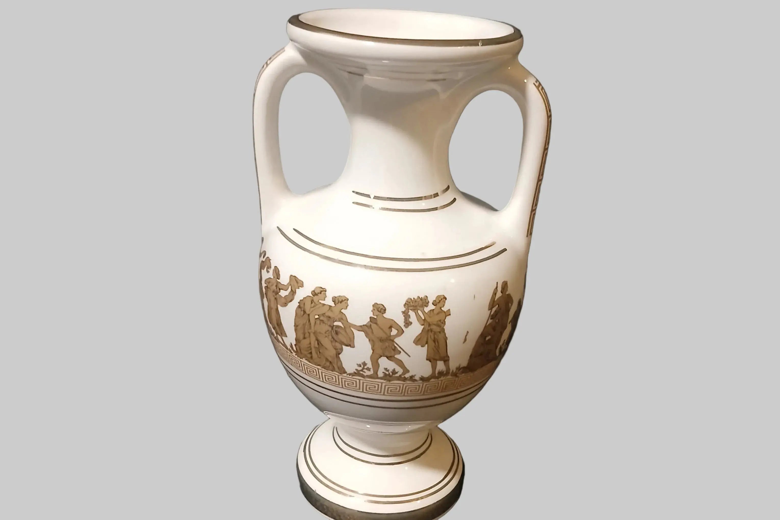 KE Keramos Greek Amphora Vase – Mythological Scenes & 24K Gold Accents, Mid-20th Century KE Keramos