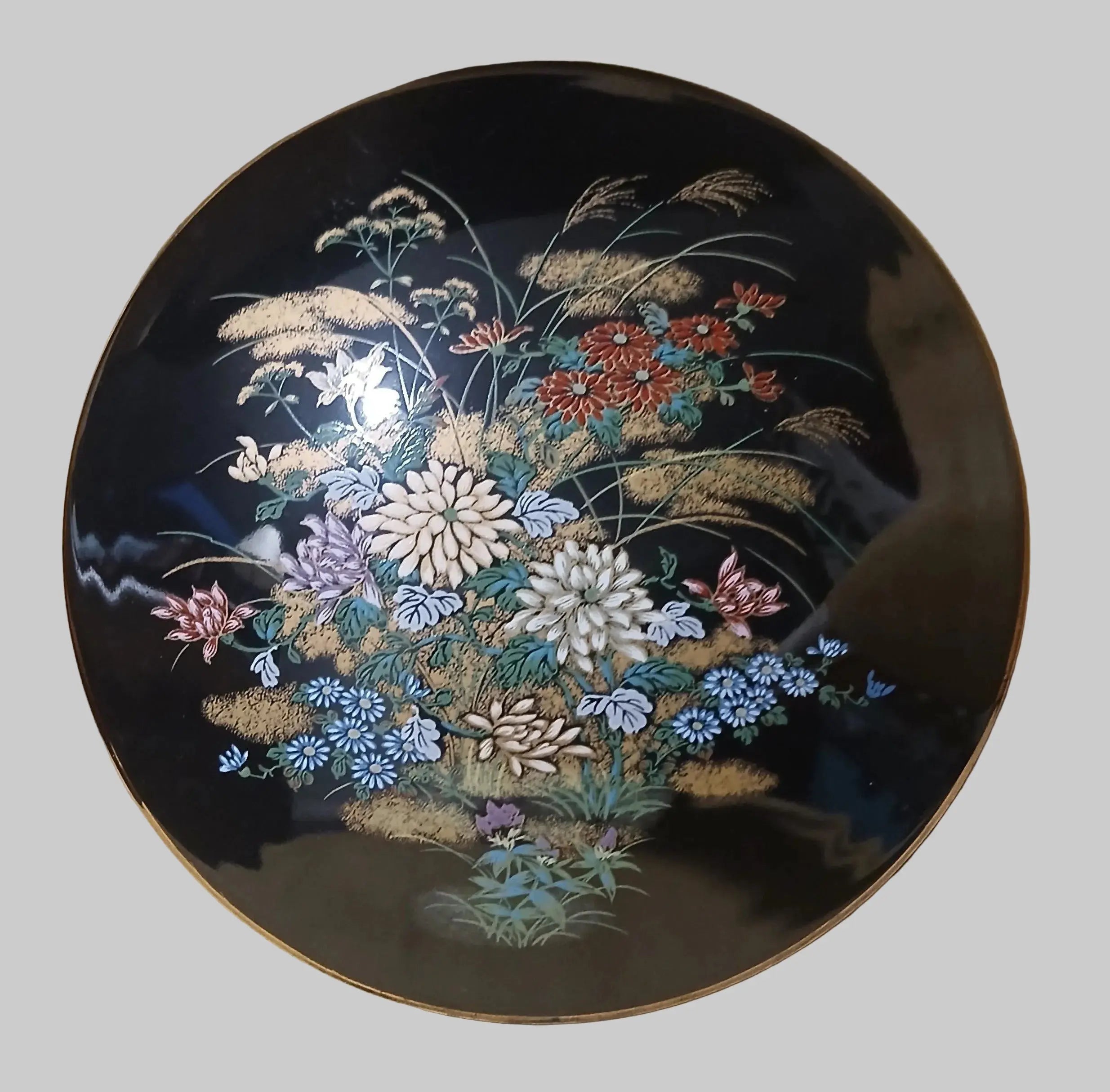 Imperial Kiku Japanese Porcelain Trinket Box – Black, Chrysanthemum & Gold, 1950s–1970s Imperial Kiku