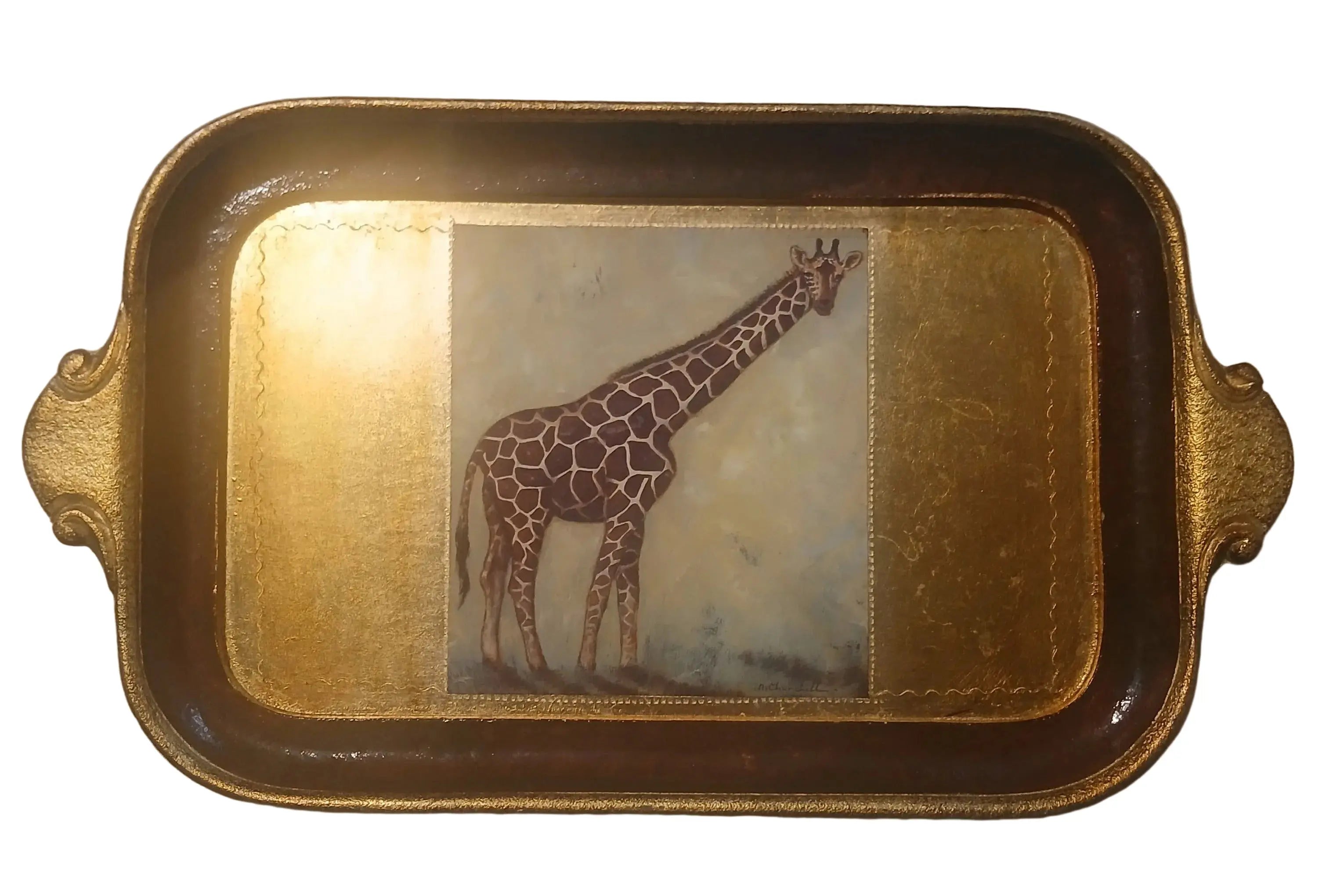Vintage Italian Florentine Giraffe Tray by R. Churchill – 22K Gold, Scaglia, 1950s–1965 R. Churchill