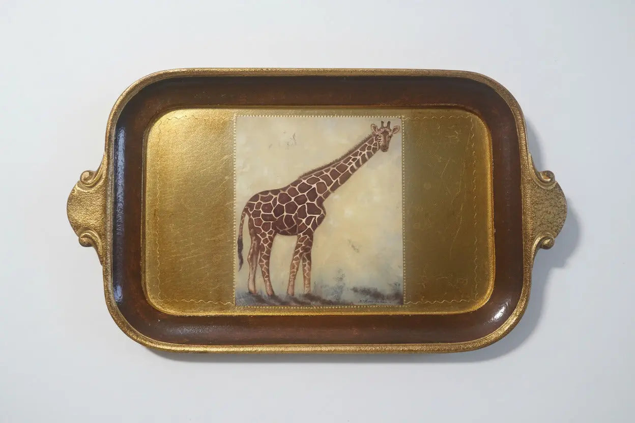 Vintage Italian Florentine Giraffe Tray by R. Churchill – 22K Gold, Scaglia, 1950s–1965 R. Churchill