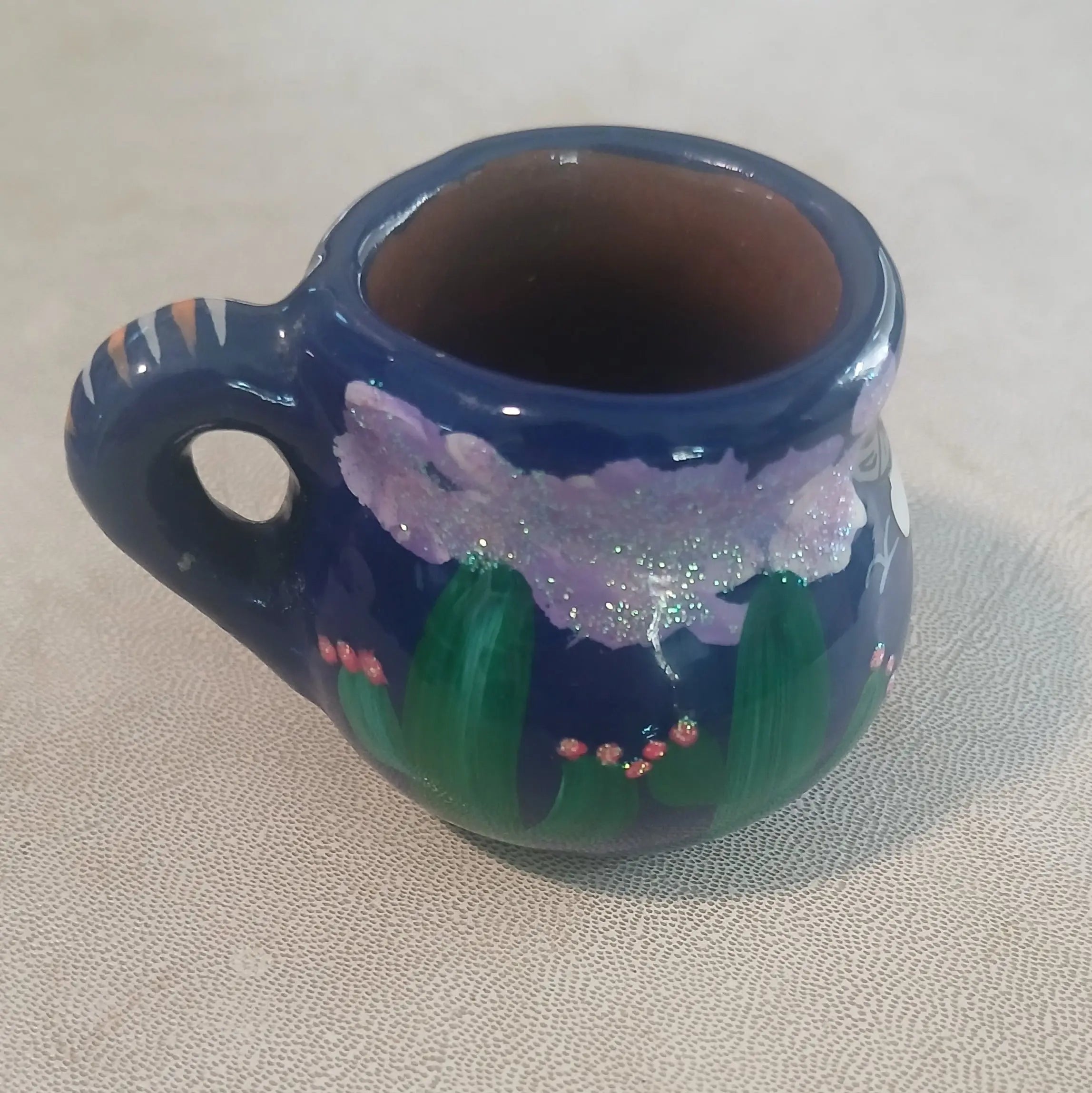 Vintage Miniature Hand-Painted Mexican Red Clay Mug | Cobalt Blue Folk Art Unknown
