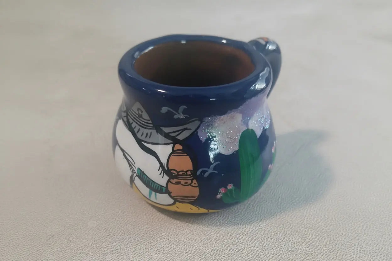 Vintage Miniature Hand-Painted Mexican Red Clay Mug | Cobalt Blue Folk Art Unknown