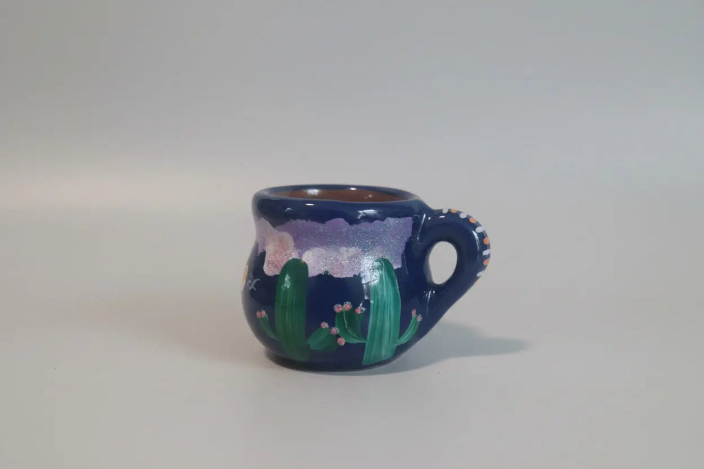 Vintage Miniature Hand-Painted Mexican Red Clay Mug | Cobalt Blue Folk Art Unknown