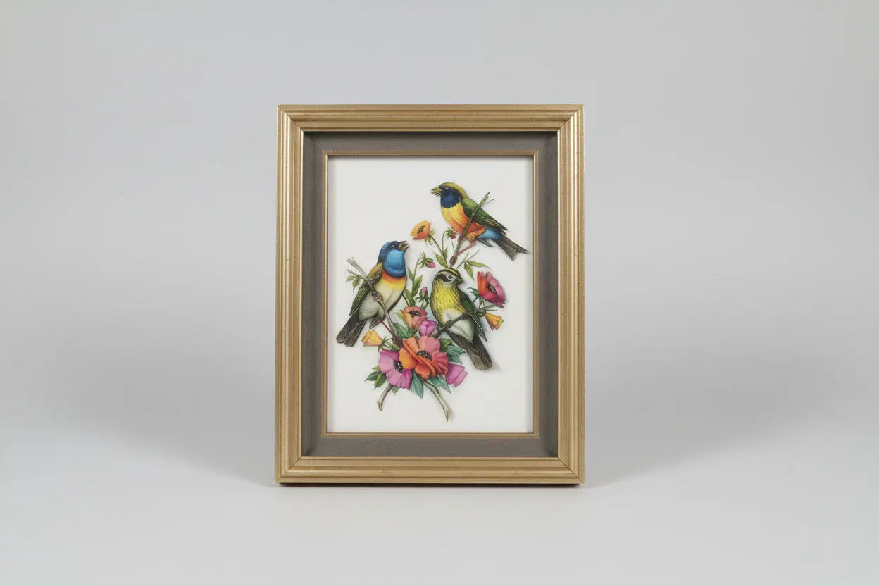 Ethel Stretch Signed Paper Tole | Bunting Birds & Gouldian Finch with Poppies, 1986 Ethel Stretch