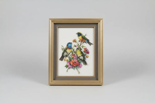 Ethel Stretch Signed Paper Tole | Bunting Birds & Gouldian Finch with Poppies, 1986 Ethel Stretch