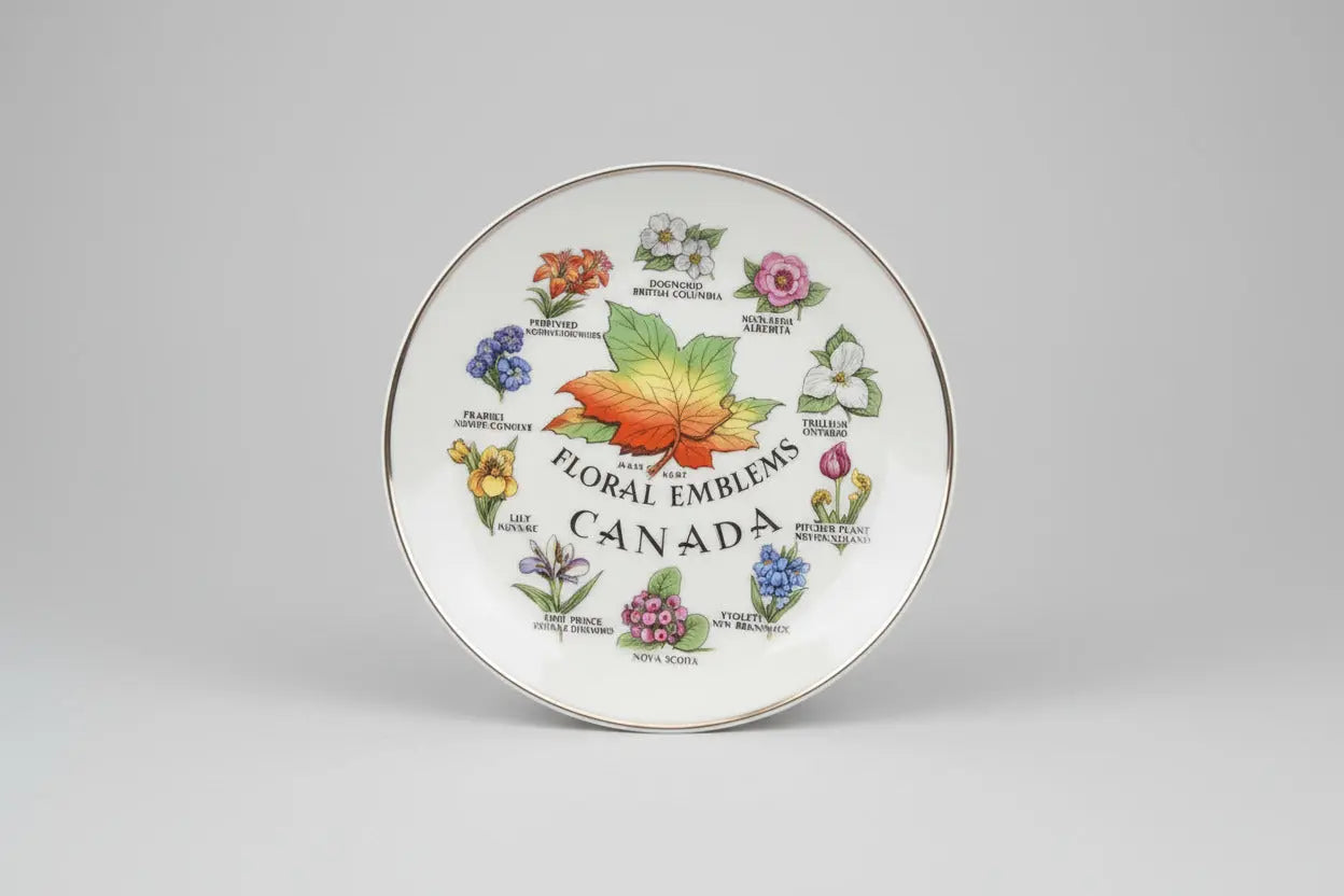 Vintage Floral Emblems of Canada Souvenir Plate — Provincial Flowers, Hand-Painted, 1950s–60s Made in Japan