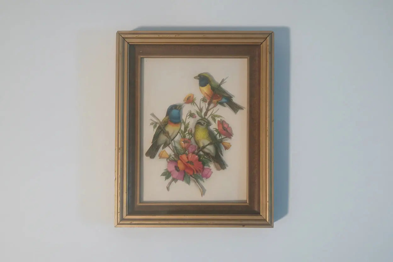Ethel Stretch Signed Paper Tole | Bunting Birds & Gouldian Finch with Poppies, 1986 Ethel Stretch