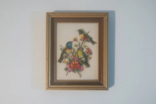 Ethel Stretch Signed Paper Tole | Bunting Birds & Gouldian Finch with Poppies, 1986 Ethel Stretch