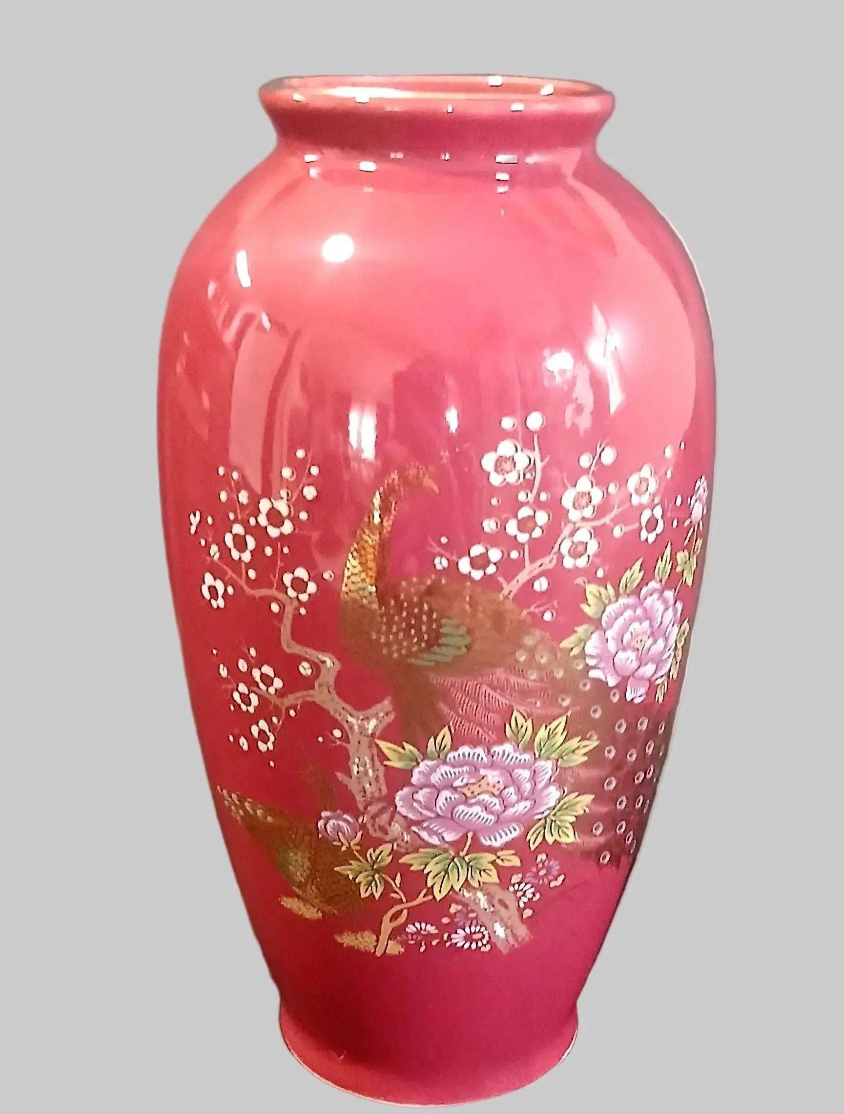 Vintage Japanese Kutani Style Porcelain Vase – Dark Pink with Golden Peacock & Floral Motifs, Mid-20th Century Japan