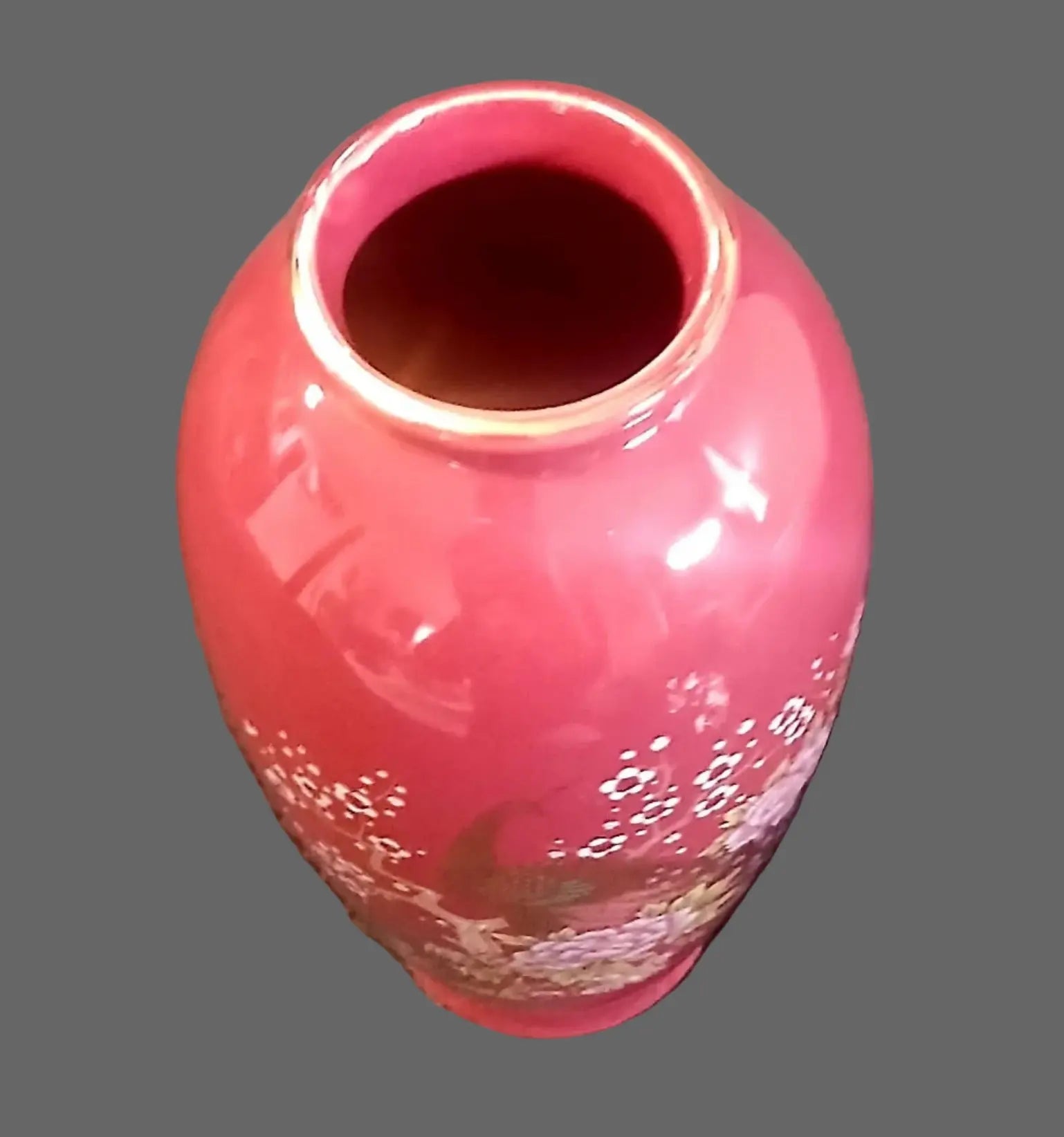 Vintage Japanese Kutani Style Porcelain Vase – Dark Pink with Golden Peacock & Floral Motifs, Mid-20th Century Japan