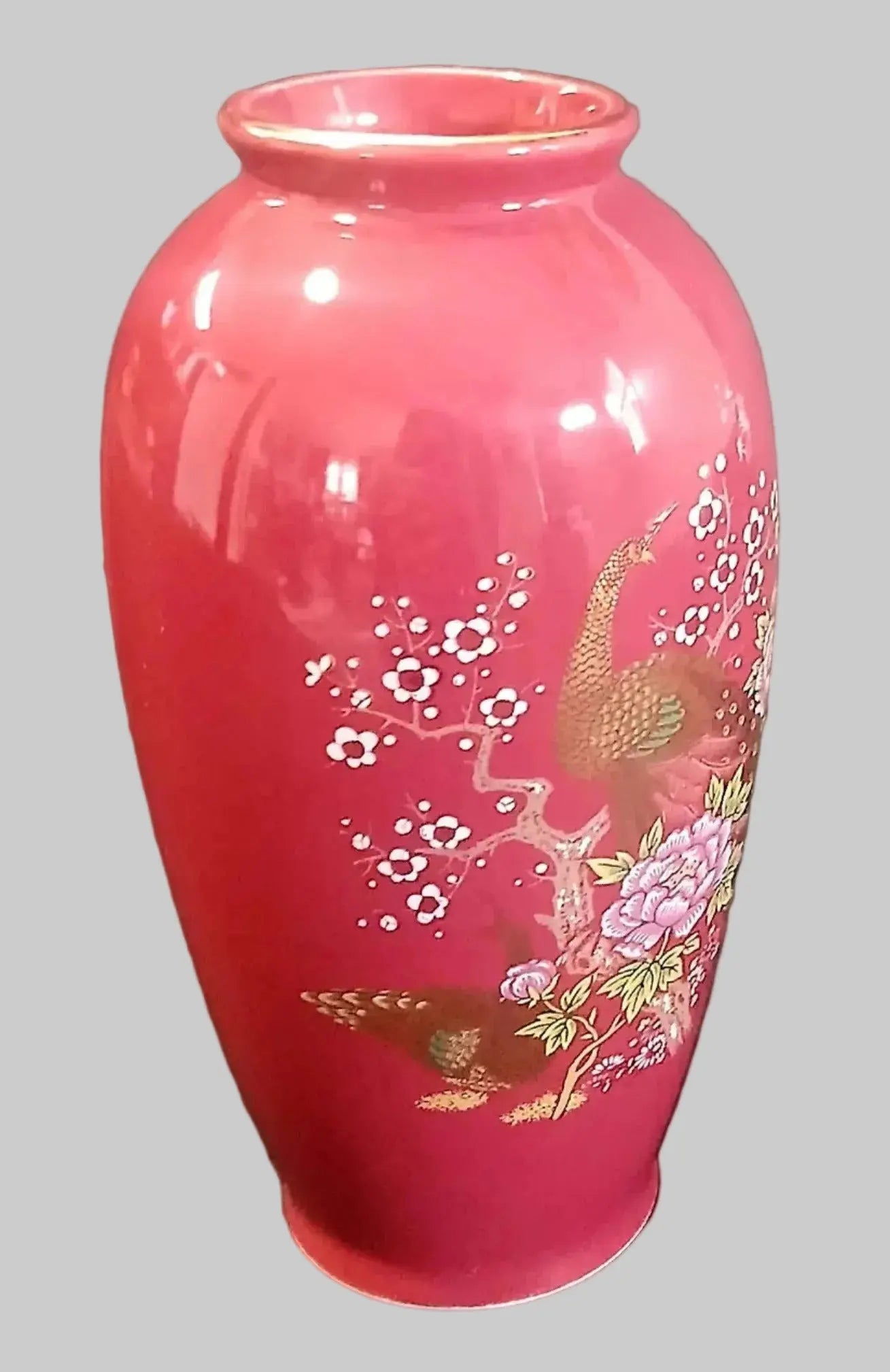 Vintage Japanese Kutani Style Porcelain Vase – Dark Pink with Golden Peacock & Floral Motifs, Mid-20th Century Japan