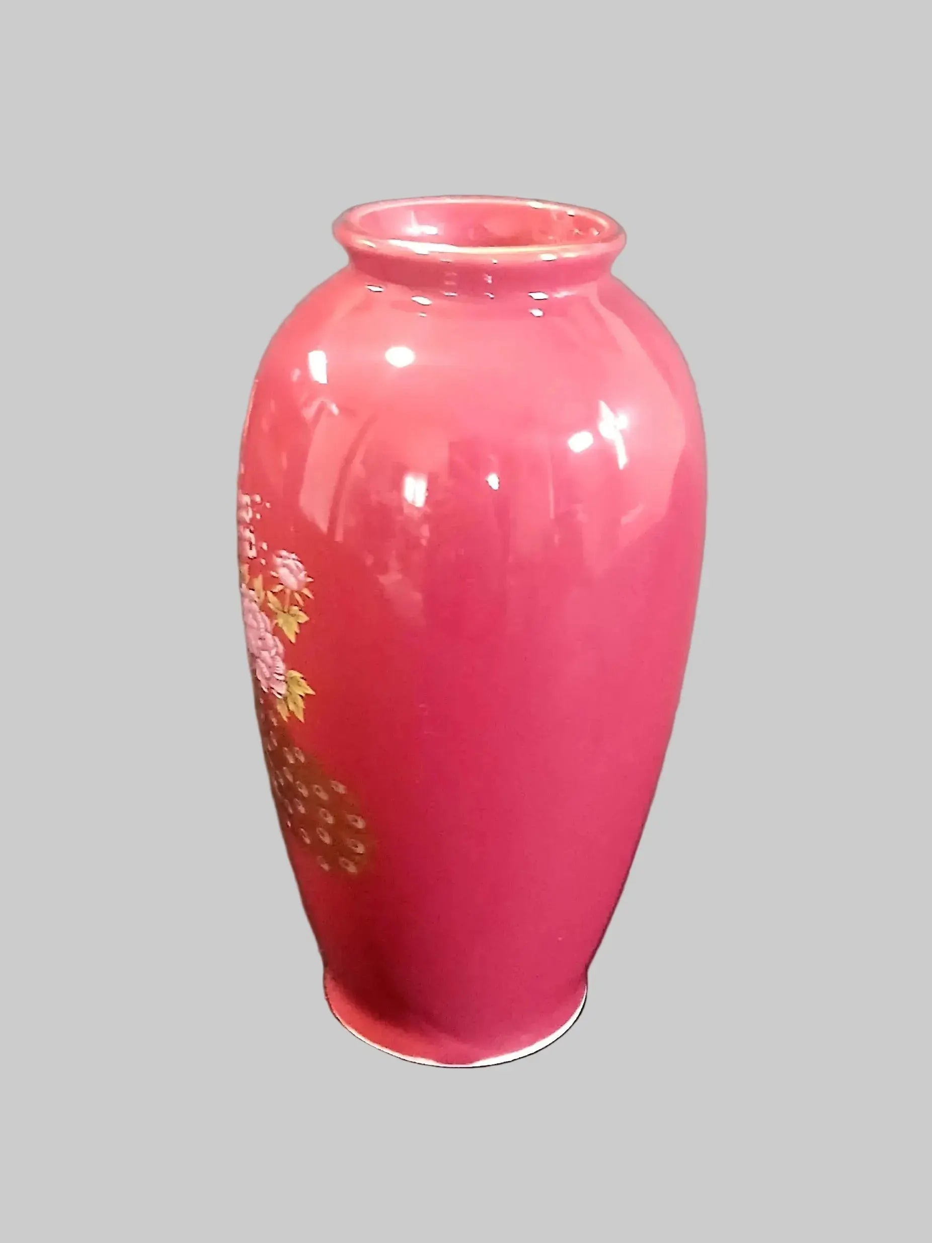 Vintage Japanese Kutani Style Porcelain Vase – Dark Pink with Golden Peacock & Floral Motifs, Mid-20th Century Japan