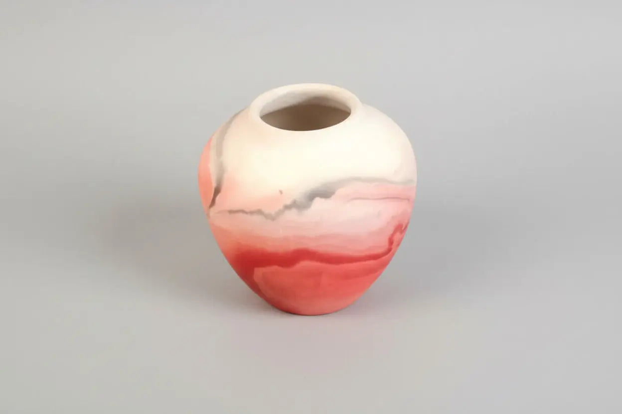 Vintage Nemadji Pottery Clay Vase – Red Marble Swirls with Black & Orange, Moose Lake Minnesota, 1929–1972 Nemadji Pottery