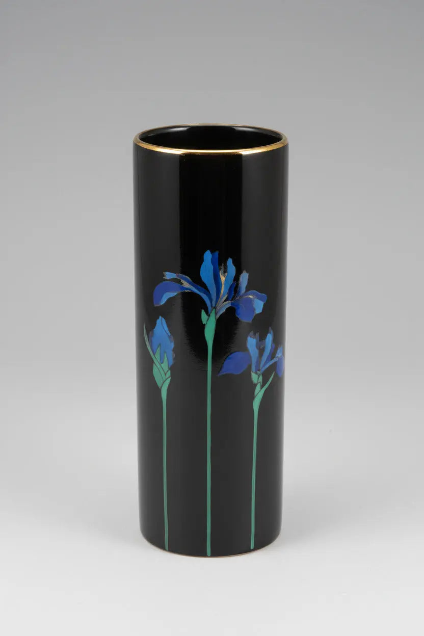 Vintage Otagiri Blue Iris Bud Vase – Glossy Black with Gold Accents, Late 1970s–1990s Otagiri Mercantile Company