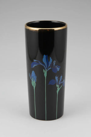 Vintage Otagiri Blue Iris Bud Vase – Glossy Black with Gold Accents, Late 1970s–1990s