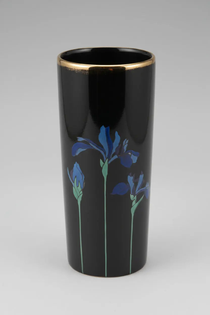 Vintage Otagiri Blue Iris Bud Vase – Glossy Black with Gold Accents, Late 1970s–1990s Otagiri Mercantile Company