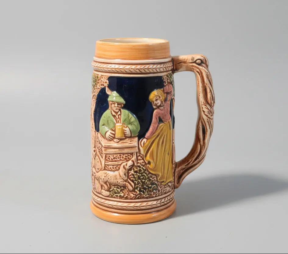 Vintage Bavarian-Style Beer Mug – 3D Relief Tavern Scene, Faux Wood Handle (1950s–1970s) Vintage Craze