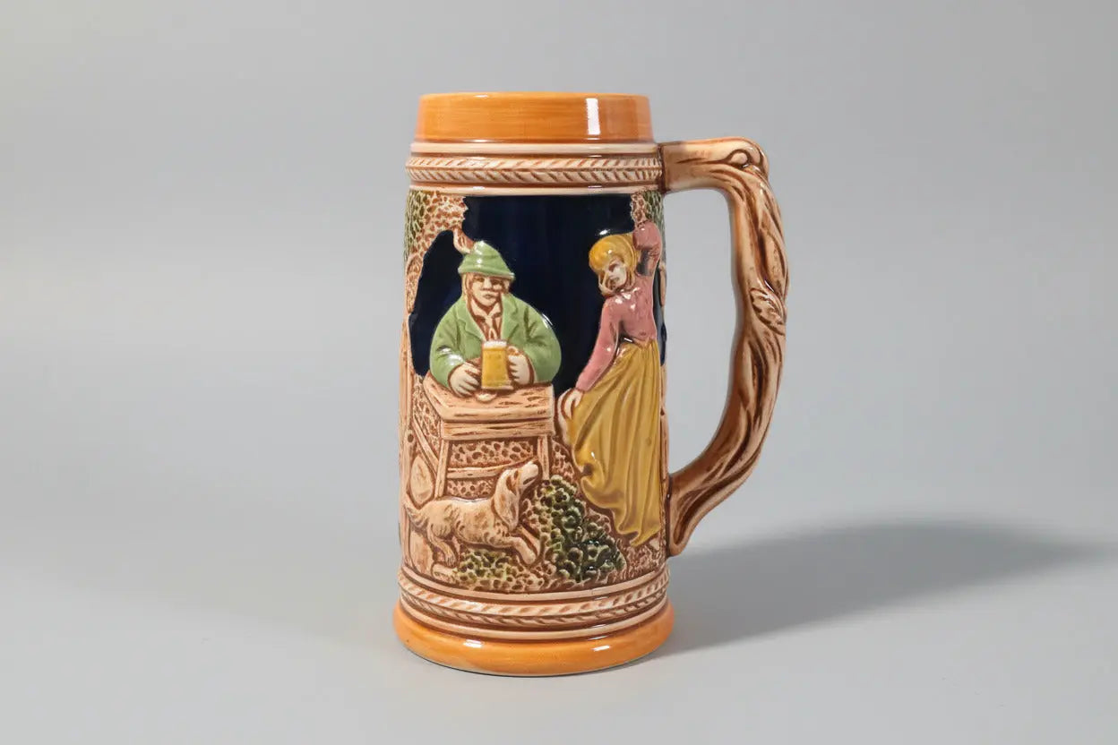 Vintage Bavarian-Style Beer Mug – 3D Relief Tavern Scene, Faux Wood Handle (1950s–1970s) Vintage Craze