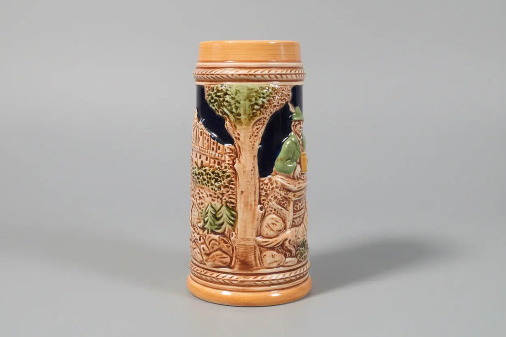 Vintage Bavarian-Style Beer Mug – 3D Relief Tavern Scene, Faux Wood Handle (1950s–1970s) Vintage Craze