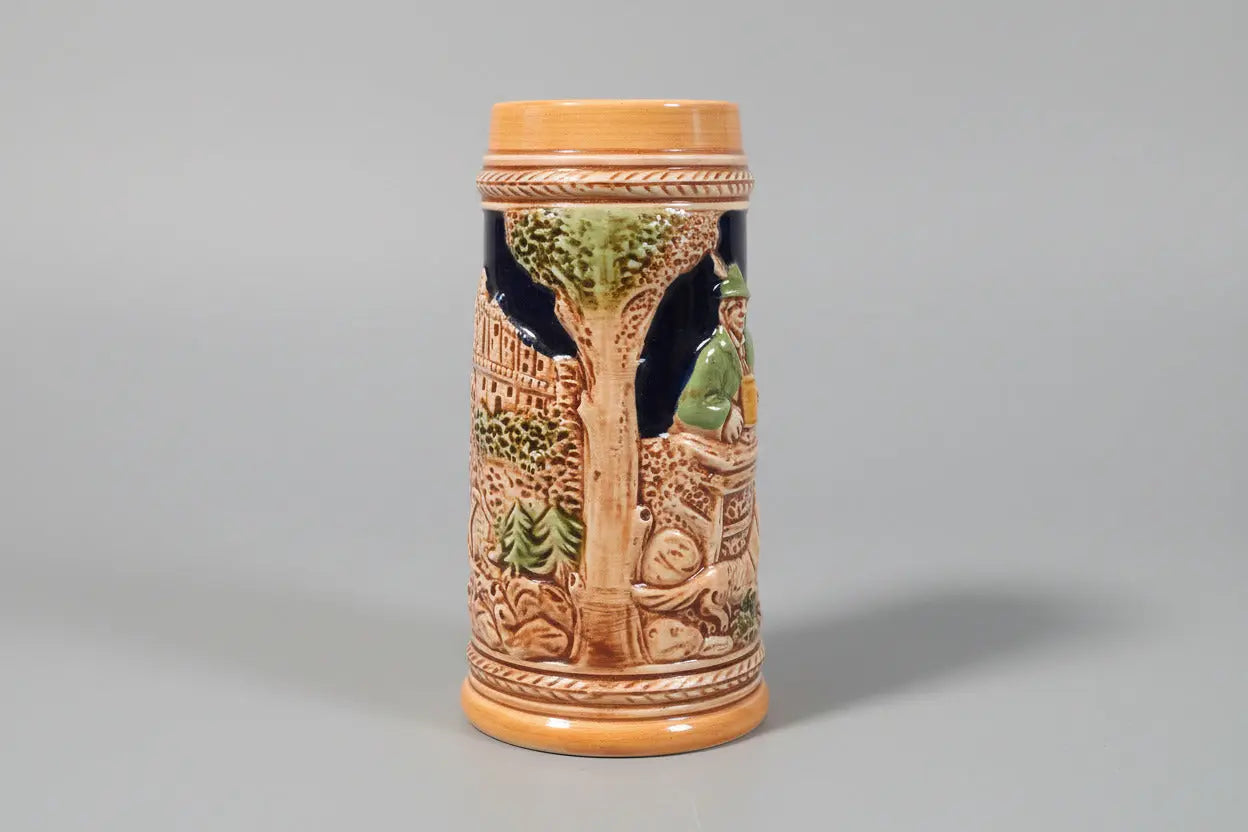 Vintage Bavarian-Style Beer Mug – 3D Relief Tavern Scene, Faux Wood Handle (1950s–1970s) Vintage Craze